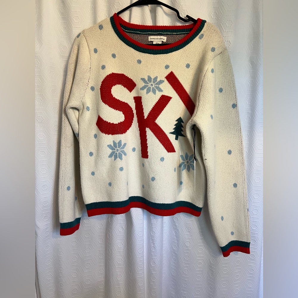 cupcakes & cashmere Cream Ski Holiday Knit Sweater with Red & Green Trim